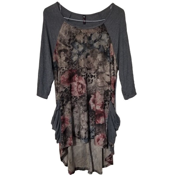 Vision USA Womens Blouse Top Large Gray Floral Hi Lo Hem - Picture 1 of 4